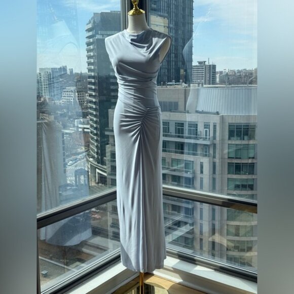 🆕 SIMKHAI 🧿 NWOT Acacia Draped Ruched Jersey Midi Dress, Blue Haze - Sz XS - Picture 3 of 15